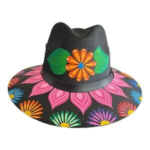 HAT MEXICAN Artisanal Hand Painted Fedora Floral Sombrero Panama Bohemian Black